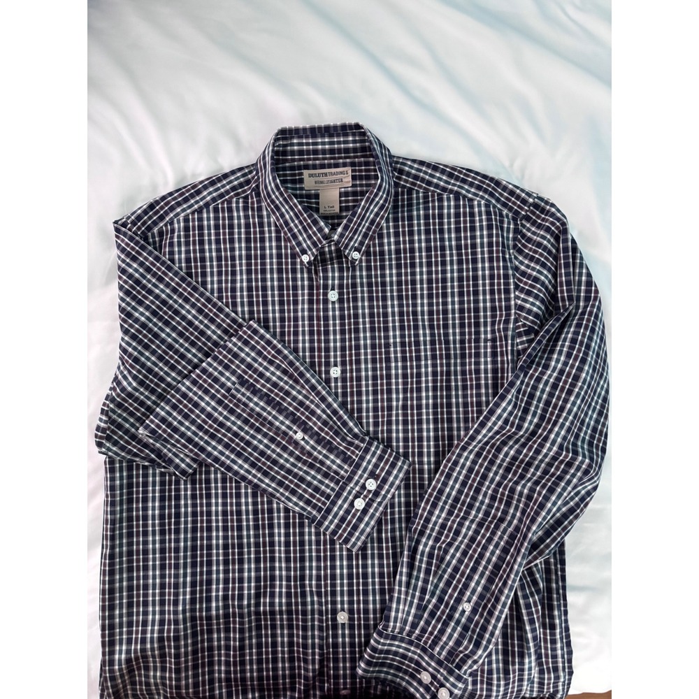 Duluth Trading Co Wrinklefighter Plaid Shirt Mens L Tall Navy Blue Long Sleeve